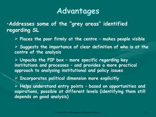 Advantages Addresses some of the “grey areas” identified regarding SL Places the poor firmly at the centre – makes people visible Suggests the importance of clear definition of who is at the centre of the analysis Unpacks the PIP box – more specific regarding key institutions and processes – and provides a more practical approach to analysing institutional and policy issues Incorporates political dimension more explicitly Helps understand entry points – based on opportunities and aspirations, possible at different levels (identifying them still depends on good analysis) 