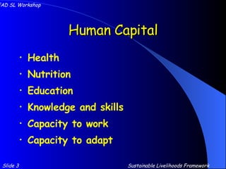 Human Capital Health Nutrition Education Knowledge and skills Capacity to work Capacity to adapt Slide 3 IFAD SL Workshop Sustainable Livelihoods Framework 
