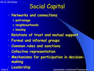 Social Capital Networks and connections patronage neighbourhoods kinship Relations of trust and mutual support Formal and informal groups Common rules and sanctions Collective representation Mechanisms for participation in decision-making Leadership Slide 5 IFAD SL Workshop Sustainable Livelihoods Framework 