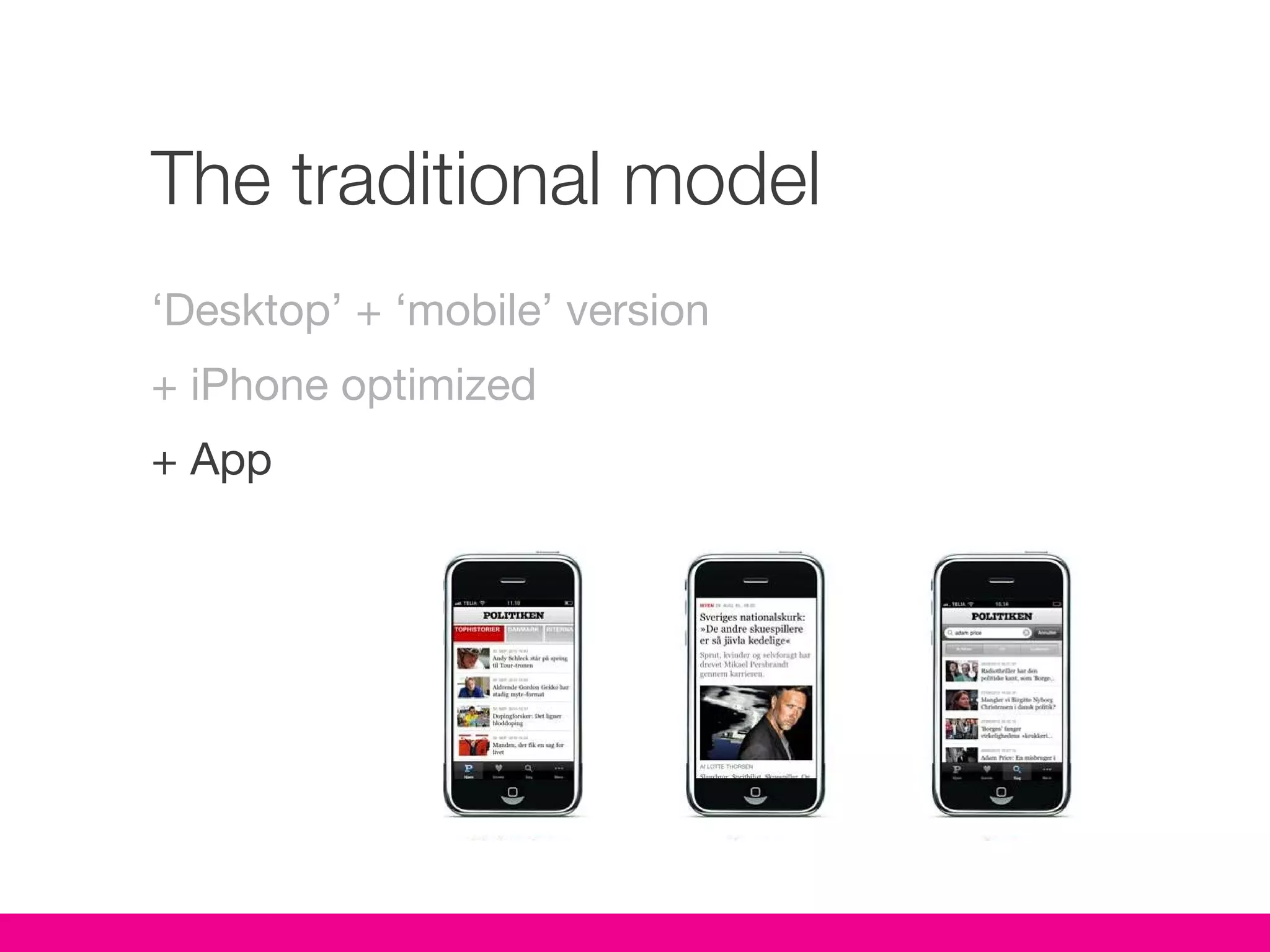 The traditional model
‘Desktop’ + ‘mobile’ version
+ iPhone optimized
+ App
 