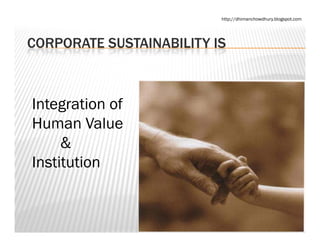http://dhimanchowdhury.blogspot.com




CORPORATE SUSTAINABILITY IS



Integration of
Human Value
     &
Institution
 
