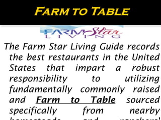 The Farm Star Living Guide records
the best restaurants in the United
States that impart a robust
responsibility to utilizing
fundamentally commonly raised
and Farm to Table sourced
specifically from nearby
 