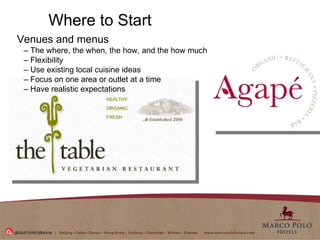 Where to Start Venues and menus  –  The where, the when, the how, and the how much  –  Flexibility  –  Use existing local cuisine ideas –  Focus on one area or outlet at a time –  Have realistic expectations 