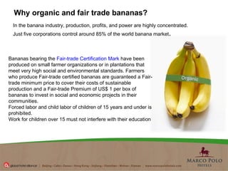 Why organic and fair trade bananas? In the banana industry, production, profits, and power are highly concentrated. Just five corporations control around 85% of the world banana market . Bananas bearing the  Fair-trade Certification Mark  have been produced on small farmer organizations or in plantations that meet very high social and environmental standards. Farmers who produce Fair-trade certified bananas are guaranteed a Fair-trade minimum price to cover their costs of sustainable production and a Fair-trade Premium of US$ 1 per box of bananas to invest in social and economic projects in their  communities.  Forced labor and child labor of children of 15 years and under is prohibited. Work for children over 15 must not interfere with their education 