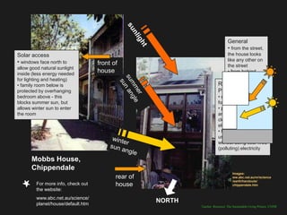 General
                                                                               • from the street,
Solar access                                                                the house looks
• windows face north to                                                     like any other on
                                    front of                                the street
allow good natural sunlight
inside (less energy needed
                                    house                                   • from behind,
                                                                            environmental
for lighting and heating)
                                                                            design aspects
                                                                         Rooftop Solar
• family room below is
protected by overhanging                                                 Panels be seen
                                                                            can
bedroom above - this                                                     • on north facing roof
blocks summer sun, but                                                   for maximum sunlight
allows winter sun to enter                                               • photovoltaic panels
the room                                                                 are used to create
                                                                         clean and non-polluting
                                                                         electricity
                                                                         • hot water panels are
                                                                         used to heat water
                                                                         without using coal-fired
                                                                         (polluting) electricity

      Mobbs House,
      Chippendale
                                                                                   Images:
                                           rear of                                 ww.abc.net.au/nr/science
                                                                                   /earth/handouts/
         For more info, check out          house                                   chippendale.htm
         the website:
         www.abc.net.au/science/
         planet/house/default.htm
                                                     NORTH
                                                             Teacher Resource: The Sustainable Living Project, UNSW
 