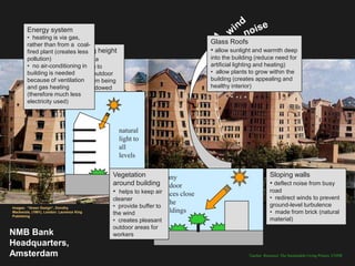 Energy system
        • heating is via gas,
        rather than from a coal-                                            Glass Roofs
                           Building height
        fired plant (creates less                                           • allow sunlight and warmth deep
        pollution)         • kept to a                                      into the building (reduce need for
        • no air-conditioning in
                           minimum to                                       artificial lighting and heating)
        building is needed prevent outdoor                                  • allow plants to grow within the
        because of ventilation from being
                           areas                                            building (creates appealing and
        and gas heating over-shadowed                                       healthy interior)
        (therefore much less
        electricity used)



                                             natural
                                             light to
                                             all
                                             levels

                                           Vegetation        sunny                                     Sloping walls
                                           around building outdoor                                     • deflect noise from busy
                                           • helps to keep air
                                                             spaces close                              road
                                           cleaner                                                     • redirect winds to prevent
                                                              to the                                   ground-level turbulence
Images: “Green Design”, Dorothy            • provide buffer to
Mackenzie, (1991), London: Laurence King
                                           the wind           buildings                                • made from brick (natural
Publishing
                                           • creates pleasant                                          material)
                                           outdoor areas for
NMB Bank                                   workers
Headquarters,
Amsterdam                                                                                  Teacher Resource: The Sustainable Living Project, UNSW
 