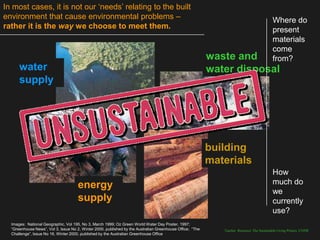 In most cases, it is not our „needs‟ relating to the built
environment that cause environmental problems –                                                                                             Where do
rather it is the way we choose to meet them.                                                                                                present
                                                                                                                                            materials
                                                                                                                                            come
                                                                                                           waste and                        from?
      water                                                                                                water disposal
      supply




                                                                                                           building
                                                                                                           materials
                                                                                                                                            How
                                      energy                                                                                                much do
                                                                                                                                            we
                                      supply                                                                                                currently
                                                                                                                                            use?
  Images: National Geographic, Vol 195, No 3, March 1999; Oz Green World Water Day Poster, 1997;
  “Greenhouse News”, Vol 3, Issue No 2, Winter 2000, published by the Australian Greenhouse Office; “The      Teacher Resource: The Sustainable Living Project, UNSW
  Challenge”, Issue No 16, Winter 2000, published by the Australian Greenhouse Office
 