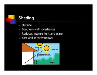 Shading
 Outside
 Southern wall: overhangs
 Reduces intense light and glare
 East and West windows
 