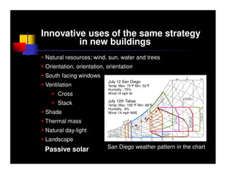 Innovative uses of the same strategy
         in new buildings
Natural resources; wind, sun, water and trees
Orientation, orientation, orientation
South facing windows
                          July 12 San Diego
Ventilation               Temp: Max: 75° Min: 52°
                                         F       F
                          Humidity : 75%
     Cross                Wind:14 mph W

                          July 12th Tabas
     Stack                Temp: Max: 106’° Min: 68°
                                          F        F
                          Humidity : 9%
Shade                     Wind: 14 mph NNE

Thermal mass
Natural day-light
Landscape
Passive solar             San Diego weather pattern in the chart
 