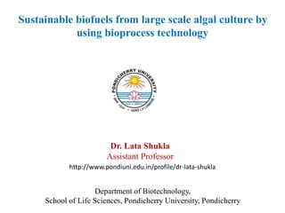 Sustainable biofuels from large scale algal culture by
using bioprocess technology
Department of Biotechnology,
School of Life Sciences, Pondicherry University, Pondicherry
Dr. Lata Shukla
Assistant Professor
http://www.pondiuni.edu.in/profile/dr-lata-shukla
 