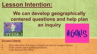 Lesson Intention:
Success Criteria:
• Describe what the topic is based on due to images shown
• I can create open ended qu...