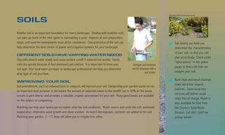 Goleta Water District Demonstration Garden


SOILS
Healthy soil is an important foundation for every landscape. Dealing with problem soils
can take up much of the time spent in maintaining a yard. Aspects of soil composition,
slope, and need for amendments must all be considered. Characteristics of the soil can                                          Soil testing can help you
help determine the best choice of plants and irrigation systems for your landscape.                                             determine the characteristics
                                                                                                                                of your soil, so that you can
DIFFERENT SOILS HAVE VARYING WATER NEEDS
                                                                                                                                plan accordingly. Check under
Clay soils absorb water slowly and cause surface runoff if watered too quickly. Sandy
                                                                                                                                “laboratories” in the yellow
soils dry quickly because of fast downward percolation. It is important to know your         Soil type and moisture
                                                                                                                                pages to find a lab that can
soil type. Your local water purveyor or landscape professional can help you determine       can be assessed with a
                                                                                                         soil probe.            analyze your soil.
what type of soil you have.
                                                                                                                                Bark chips and wood shavings
IMPROVING YOUR SOIL
                                                                                                                                make attractive organic
Soil amendments, such as redwood bark or compost, will improve your soil. Composting your garden waste serves
                                                                                                                                mulches. Some local tree
an important dual purpose: it decreases the amount of materials taken to the landfill (up to 50% of the waste
                                                                                                                                services will deliver wood
stream is yard debris) and provides a valuable, organic amendment for your soil. Many good books are available
                                                                                                                                chips free of charge. Mulch is
on the subject of composting.
                                                                                                                                also available for free from
Mulching can help your landscape no matter what the soil conditions. Mulch covers and cools the soil, minimizes                 the County’s Solid Waste
evaporation, eliminates weed growth and slows erosion. As mulch decomposes, nutrients are added to the soil.                    Division. Call 882-3600 for
Mulching your garden 2 – 3" deep will allow you to irrigate less often.                                                         pickup details.
 