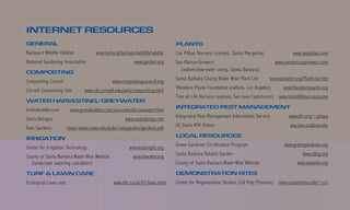INTERNET RESOURCES
GENERAL                                                                     PLANTS
Backyard Wildlife Habitat            www.nwf.org/backyardwildlifehabitat    Las Pilitas Nursery (natives, Santa Margarita)                www.laspilitas.com
National Gardening Association                          www.garden.org      San Marcos Growers                                    www.sanmarcosgrowers.com
                                                                              (natives/low-water using, Santa Barbara)
COMPOSTING
                                                                            Santa Barbara County Water Wise Plant List       www.sbwater.org/PlantList.htm
Composting Council                           www.compostingcouncil.org
                                                                            Theodore Payne Foundation (natives, Los Angeles)         www.theodorepayne.org
Cornell Composting Site        www.cfe.cornell.edu/wmi/composting.html
                                                                            Tree of Life Nursery (natives, San Juan Capistrano)    www.treeoflifenursery.com
WATER HARVESTING/GREYWATER
                                                                            INTEGRATED PEST MANAGEMENT
Greenbuilder.com        www.greenbuilder.com/sourcebook/rainwater.html
                                                                            Integrated Pest Management Information Service              www.efn.org/~ipmpa
Oasis Designs                                       www.oasisdesign.net
                                                                            UC Davis IPM Online                                         axp.ipm.ucdavis.edu
Rain Gardens           clean-water.uwex.edu/pubs/raingarden/gardens.pdf
                                                                            LOCAL RESOURCES
IRRIGATION
                                                                            Green Gardener Certification Program                      www.greengardener.org
Center for Irrigation Technology                      www.wateright.org
                                                                            Santa Barbara Botanic Garden                                       www.sbbg.org
County of Santa Barbara Water Wise Website              www.sbwater.org
  (landscape watering calculator)                                           County of Santa Barbara Water Wise Website                      www.sbwater.org

TURF & LAWN CARE                                                            DEMONSTRATION SITES
Ecological Lawn care                          www.life.ca/nl/43/lawn.html   Center for Regenerative Studies (Cal Poly Pomona)      www.csupomona.edu/~crs
 