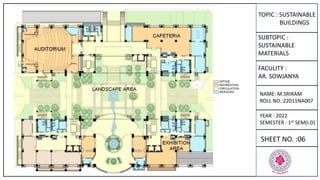 TOPIC : SUSTAINABLE
BUILDINGS
SUBTOPIC :
SUSTAINABLE
MATERIALS
FACULITY :
AR. SOWJANYA
NAME: M.SRIRAM
ROLL NO.:22011NA007
YEAR : 2022
SEMESTER : 1st SEM(I.D)
SHEET NO. :06
 