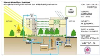 TOPIC : SUSTAINABLE
BUILDINGS
SUBTOPIC :
SUSTAINABLE
MATERIALS
FACULITY :
AR. SOWJANYA
NAME: M.SRIRAM
ROLL NO.:22011NA007
YEAR : 2022
SEMESTER : 1st SEM(I.D)
SHEET NO. :08
Site and Water Mgmt Strategies
Appropriate Shading from Summer Sun, while allowing in winter sun
 
