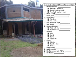 Score card- critical and financial considerations
 Material sources _______________
 On-site – labor cost
 Local – delivery cost
 Trucked – delivery cost
 Plinth height __________________
 Plinth width__________________
 Lintel height __________________
 Window
 Tie beam
 Wall thickness width____________
 Wall height ____________________
 Structural support
 Wall only h:w _____________
 Columns h:w _____________
 Material
 Clay
 Sand
 Lignin
 Stabilizer
 Finish
 Plaster
 Painted clay
 Raw
 Roof material____________________
 Roof overhang _______
 Roof overhang ratio RO:WH _______
 Roof slope ____________
 