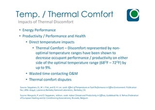 Temp. / Thermal Comfort
Impacts of Thermal Discomfort
• Energy Performance
• Productivity / Performance and Health
• Direct temperature impacts
• Thermal Comfort – Discomfort represented by non-
optimal temperature ranges have been shown to
decrease occupant performance / productivity on either
side of the optimal temperature range (68OF – 72OF) by
up to 9%.
• Wasted time contacting O&M
• Thermal comfort disputes
Source: Seppänen, O.,W. J. Fisk, and Q. H. Lei. 2006. Effect ofTemperature onTask Performance in Office Environment. Publication
No. LBNL-60946. Lawrence Berkeley National Laboratory , Berkeley,CA.
Source:Wargocki, P. and O. Seppänen, editors. 2006. Indoor Climate and Productivity in Offices, Guidebook No. 6. Rehva (Federation
of European Heating and Air-ConditioningAssociations), Brussels, Belgium.
 