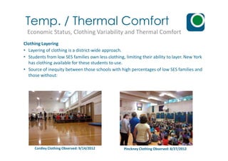 Temp. / Thermal Comfort
Economic Status, Clothing Variability and Thermal Comfort
Clothing Layering
• Layering of clothing is a district-wide approach.
• Students from low SES families own less clothing, limiting their ability to layer. New York
has clothing available for these students to use.
• Source of inequity between those schools with high percentages of low SES families and
those without:
Pinckney Clothing Observed: 8/27/2012Cordley Clothing Observed: 9/14/2012
 