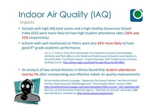Indoor Air Quality (IAQ)
Impacts
• Schools with high IAQ total scores and a high Healthy Greenness School
Index (GSI) were more likely to have high student attendance rates (36% and
22% respectively).
• Schools with well maintained air filters were also 42% more likely to have
good 4th grade academic performance.
Lin, S., C. Kielb, A. Orsini & N. Muscatiello The Evaluation of Green School Building
Attributes and Their Effect on the Health and Performance of Students and Teachers inAttributes and Their Effect on the Health and Performance of Students and Teachers in
New York State. Final Project Report - Proposal Number: #147 funded by the US Green
Building Council. http://www.usgbc.org/ShowFile.aspx?DocumentID=8627.
Illinois Healthy Schools Campaign, “Apparently Size Doesn’t Matter: Two Illinois School
Districts Show Successful IAQ Management.” School Health Watch, Summer 2003.
http://healthyschoolscampaign.org/news/newsletter/2003-summer_HSC-newsletter.pdf.
Also see: US Environmental Protection Agency. “IAQ Tools for Schools,” December 2000
(Second Edition). Available at: http://www.epa.gov/iaq/schools/.
• An analysis of two school districts in Illinois found that student attendance
rose by 5% after incorporating cost effective indoor air quality improvements.
 