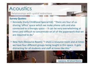 Acoustics
Relationships with spatial restrictions
Survey Quotes:
• Kennedy (Early Childhood Special Ed): “There are four of us
sharing ‘office’ space which we make phone calls and also
connected to a therapy space -- it can be very overwhelming at
times and difficult to concentrate on all of the paperwork that we
are required to do.”
• New York (Resource Room): “I share a resource room and at times
we have four different groups being taught in this space. It gets
distracting for all students and staff at times like this.”
Lawrence, KS School District
 