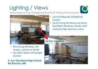 Visibility Issues
• Lack of Adequate Daylighting
Control
• South Facing Windows and Some
East/West Windows: Shades with
relatively high openness value.
Lighting / Views
Value Engineering, Daylighting Quality & Productivity Impacts
V. Sue Cleveland High School,
Rio Rancho, NM
Ad Hoc Solutions
• Remaining Windows: No
shades, curtains or blinds
• No Other Means of Daylight
Control
 