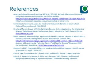 References
American National Standards Institute (ANSI) S12.60-2002, Acoustical Performance Criteria,
Design Requirements and Guidelines for Schools standard
http://www.asha.org/public/hearing/American-National-Standard-on-Classroom-Acoustics/
http://acousticalsociety.org/about_acoustics/acoustics_of_classrooms
Committee to Review and Assess the Health and Productivity Benefits of Green Schools
(National Research Council, 2006:65-66).
Heschong Mahone Group. 1999. Daylighting in Schools: An Investigation into the Relationship
Between Daylight and Human Performance. Report submitted to Pacific Gas and Electric.
http://www.h-m-g.com.
Illinois Healthy Schools Campaign, “Apparently Size Doesn’t Matter: Two Illinois School Districts
Show Successful IAQ Management.” School Health Watch, Summer 2003.
http://healthyschoolscampaign.org/news/newsletter/2003-summer_HSC-newsletter.pdf.
Also see: US Environmental Protection Agency. “IAQ Tools for Schools,” December 2000
(Second Edition). Available at: http://www.epa.gov/iaq/schools/.
Kanarek, R. (1997) Psychological Effects of Snacks and Altered Meal Frequency. British Journal
of Nutrition 77, Suppl. 1:S105-S120.
Kats, G. 2006 Greening America’s Schools: Costs and Benefits. Capital E. www.cap-e.com.
Kats, G., L. Alevantis, A. Berman, E. Mills, and J. Perlman, 2003. The Costs and Financial
Benefits of Green Building: A Report to California’s Sustainable Building Task Force.
 