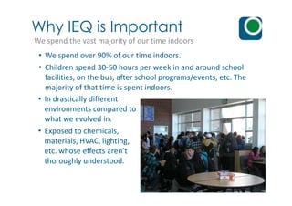 Why IEQ is Important
We spend the vast majority of our time indoors
• We spend over 90% of our time indoors.
• Children spend 30-50 hours per week in and around school
facilities, on the bus, after school programs/events, etc. The
majority of that time is spent indoors.
• In drastically different• In drastically different
environments compared to
what we evolved in.
• Exposed to chemicals,
materials, HVAC, lighting,
etc. whose effects aren’t
thoroughly understood.
 