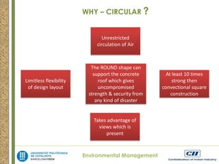 The ROUND shape can 
support the concrete 
roof which gives 
uncompromised 
strength & security from 
any kind of disaster 
Environmental Management 
Limitless flexibility 
of design layout 
Unrestricted 
circulation of Air 
Takes advantage of 
views which is 
present 
At least 10 times 
strong then 
convectional square 
construction 
WHY – CIRCULAR ? 
 