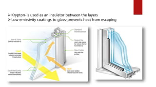 Krypton-is used as an insulator between the layers
Low emissivity coatings to glass-prevents heat from escaping
 