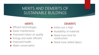 MERITS AND DEMERITS OF
SUSTAINABLE BUILDINGS
MERITS
 Efficient technologies
 Easier maintenance
 Improved indoor air quality
 Energy and water efficient
 Improved health
 Water conservation
DEMERITS
 Initial cost is high
 Availability of materials
 Need more time for
construction
 Need more skilled labors
 