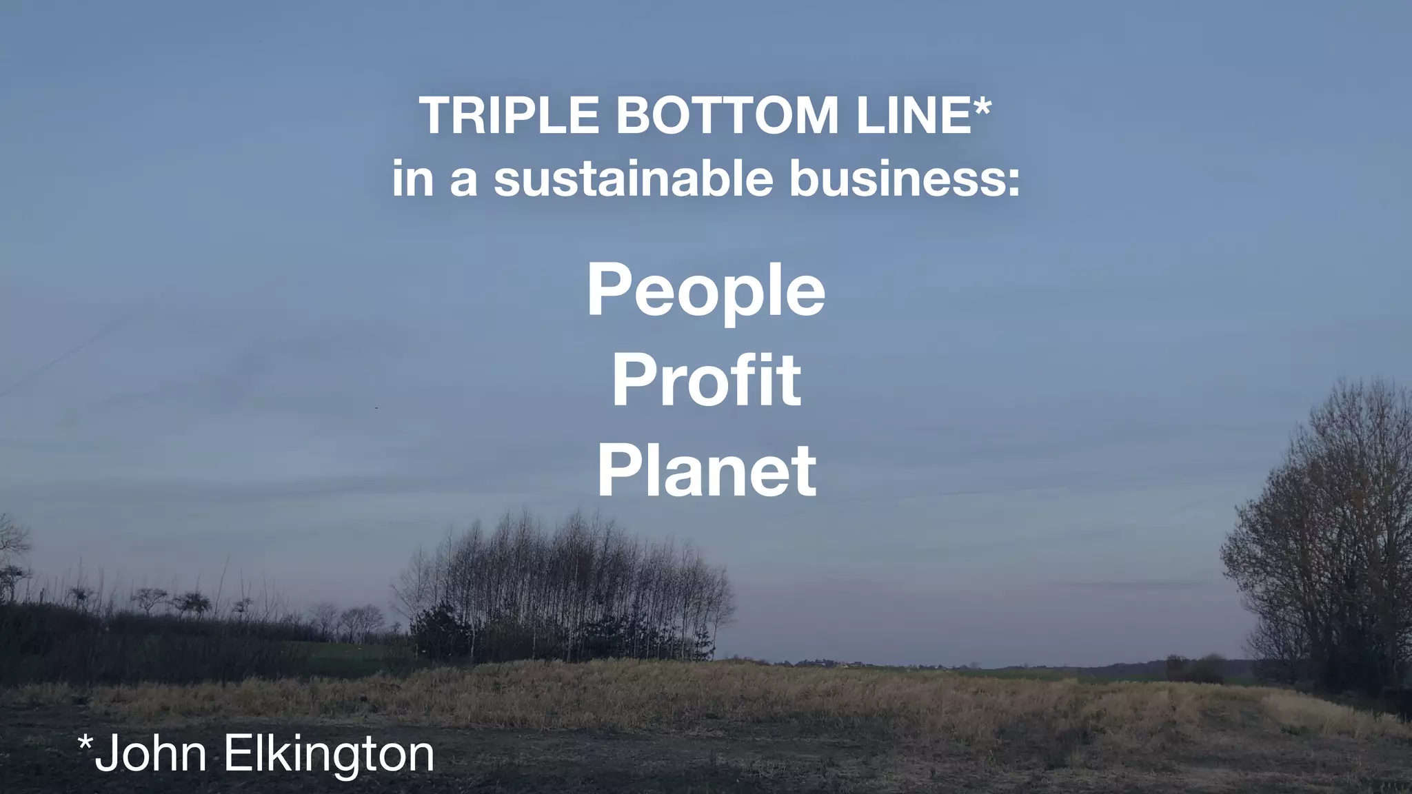 TRIPLE BOTTOM LINE*
in a sustainable business:
*John Elkington
People
Profit
Planet
 