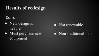Results of redesign
Cons
● New design is
heavier
● Must purchase new
equipment
● Not renewable
● Non-traditional look
 