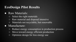 EcoDesign Pilot Results
● Raw Materials:
○ Select the right materials
○ Raw material and disposal intensive
○ Materials not recyclable, but renewable
● Manufacture:
○ Reduce energy consumption in production process
○ Move toward energy efficient production
○ Optimize design for less energy use
 