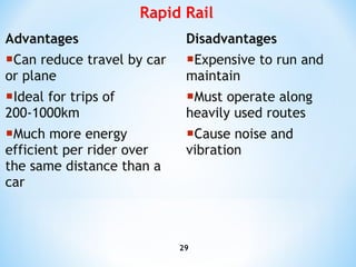 Advantages Can reduce travel by car or plane Ideal for trips of 200-1000km Much more energy efficient per rider over the same distance than a car Disadvantages Expensive to run and maintain Must operate along heavily used routes  Cause noise and vibration Rapid Rail 