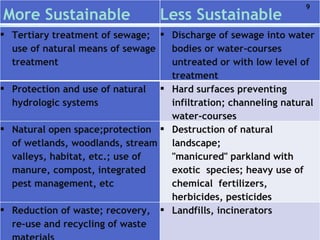 Tertiary treatment of sewage; use of natural means of sewage treatment Discharge of sewage into water bodies or water-courses untreated or with low level of treatment Protection and use of natural hydrologic systems Hard surfaces preventing infiltration; channeling natural water-courses Natural open space;protection of wetlands,   woodlands,   stream valleys, habitat, etc.; use of   manure, compost,   integrated pest   management, etc Destruction of natural landscape;  "manicured" parkland with exotic  species; heavy use of chemical  fertilizers, herbicides, pesticides Reduction of waste; recovery, re-use and recycling of waste materials Landfills, incinerators   More Sustainable Less Sustainable 