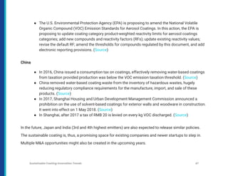 ● The U.S. Environmental Protection Agency (EPA) is proposing to amend the National Volatile
Organic Compound (VOC) Emission Standards for Aerosol Coatings. In this action, the EPA is
proposing to update coating category product-weighted reactivity limits for aerosol coatings
categories; add new compounds and reactivity factors (RFs); update existing reactivity values;
revise the default RF; amend the thresholds for compounds regulated by this document, and add
electronic reporting provisions. (Source)
China
● In 2016, China issued a consumption tax on coatings, effectively removing water-based coatings
from taxation provided production was below the VOC emission taxation threshold. (Source)
● China removed water-based coating waste from the inventory of hazardous wastes, hugely
reducing regulatory compliance requirements for the manufacture, import, and sale of these
products. (Source)
● In 2017, Shanghai Housing and Urban Development Management Commission announced a
prohibition on the use of solvent-based coatings for exterior walls and woodware in construction.
It went into effect on 1 May 2018. (Source)
● In Shanghai, after 2017 a tax of RMB 20 is levied on every kg VOC discharged. (Source)
In the future, Japan and India (3rd and 4th highest emitters) are also expected to release similar policies.
The sustainable coating is, thus, a promising space for existing companies and newer startups to step in.
Multiple M&A opportunities might also be created in the upcoming years.
Sustainable Coating Innovation Trends 47
 