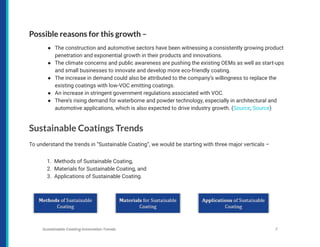 Possible reasons for this growth –
● The construction and automotive sectors have been witnessing a consistently growing product
penetration and exponential growth in their products and innovations.
● The climate concerns and public awareness are pushing the existing OEMs as well as start-ups
and small businesses to innovate and develop more eco-friendly coating.
● The increase in demand could also be attributed to the company’s willingness to replace the
existing coatings with low-VOC emitting coatings.
● An increase in stringent government regulations associated with VOC.
● There’s rising demand for waterborne and powder technology, especially in architectural and
automotive applications, which is also expected to drive industry growth. (Source, Source)
Sustainable Coatings Trends
To understand the trends in “Sustainable Coating”, we would be starting with three major verticals –
1. Methods of Sustainable Coating,
2. Materials for Sustainable Coating, and
3. Applications of Sustainable Coating.
Sustainable Coating Innovation Trends 7
 