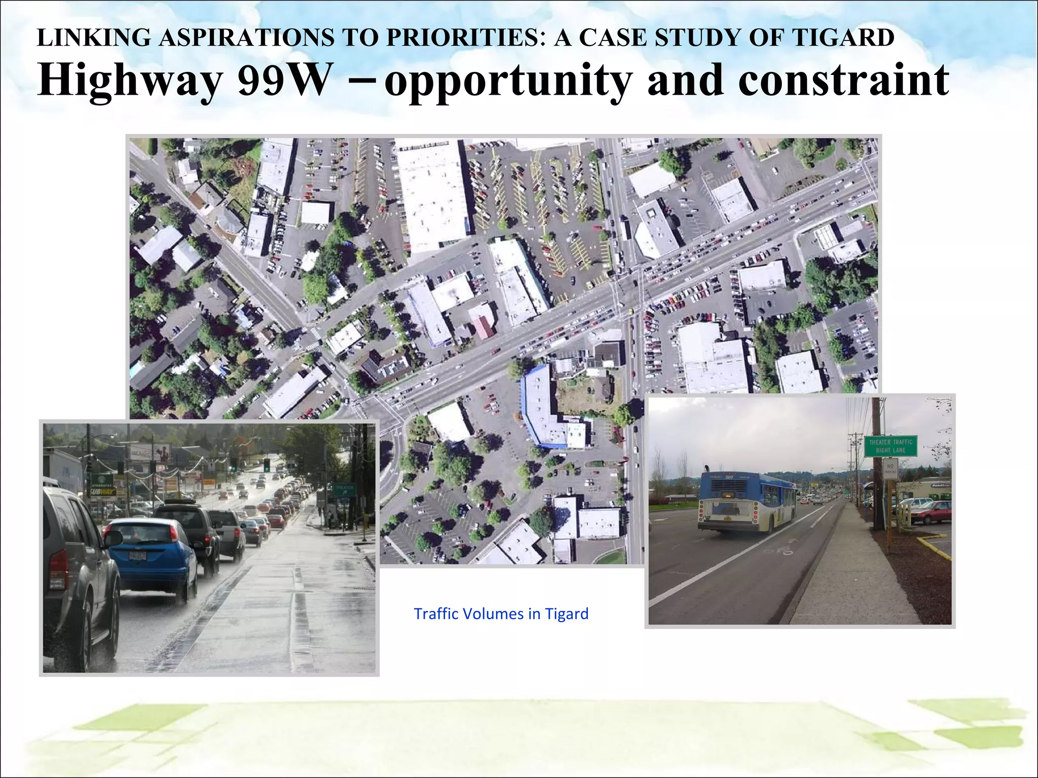 LINKING ASPIRATIONS TO PRIORITIES: A CASE STUDY OF TIGARD Highway 99W – opportunity and constraint Traffic Volumes in Tigard 