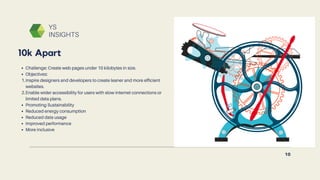 Challenge: Create web pages under 10 kilobytes in size.
Objectives:
Inspire designers and developers to create leaner and more efficient
websites.
Enable wider accessibility for users with slow internet connections or
limited data plans.
Promoting Sustainability
Reduced energy consumption
Reduced data usage
Improved performance
More inclusive
1.
2.
10k Apart
10
YS
INSIGHTS
 
