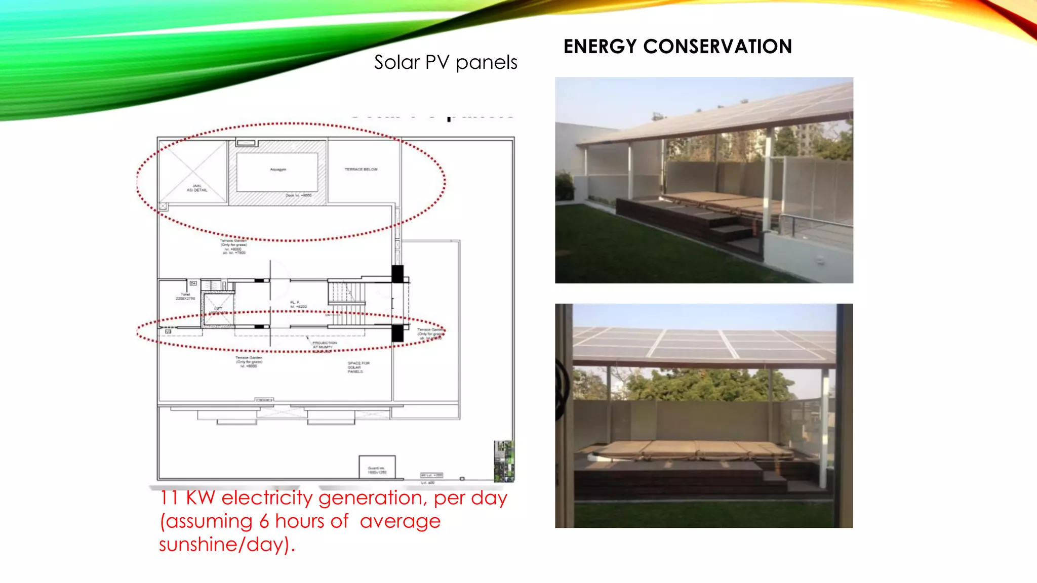 ENERGY CONSERVATION
Solar PV panels
11 KW electricity generation, per day
(assuming 6 hours of average
sunshine/day).
 