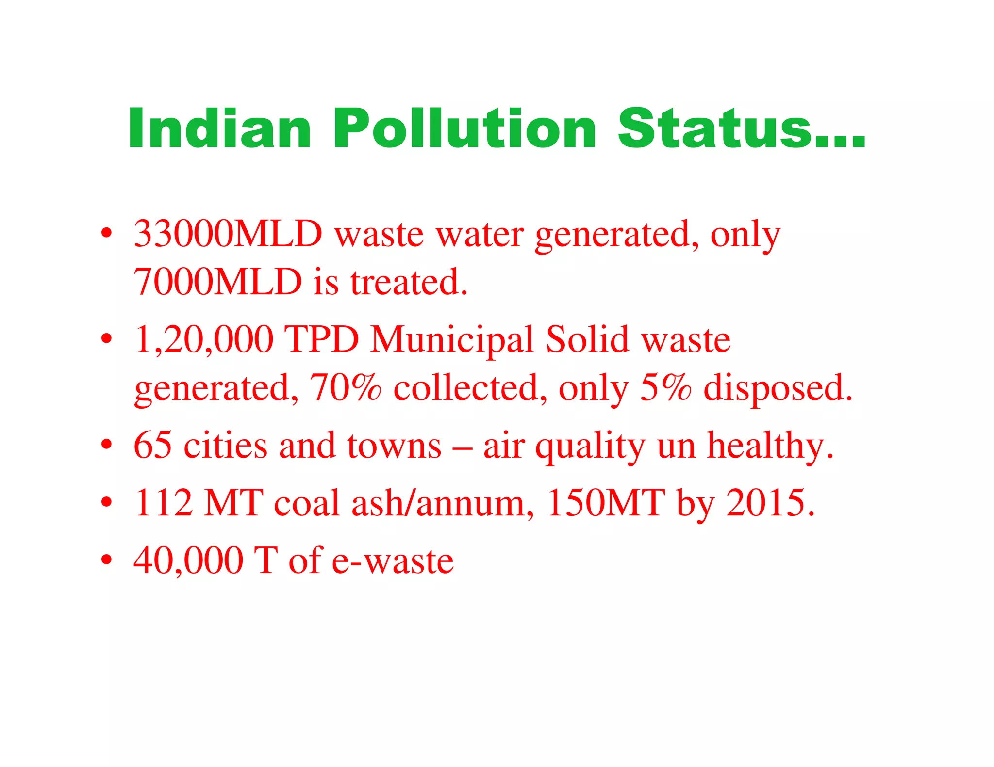 Indian Pollution Status…
• 33000MLD waste water generated, only
  7000MLD is treated.
• 1,20,000 TPD Municipal Solid waste
  generated, 70% collected, only 5% disposed.
• 65 cities and towns – air quality un healthy.
• 112 MT coal ash/annum, 150MT by 2015.
• 40,000 T of e-waste
 