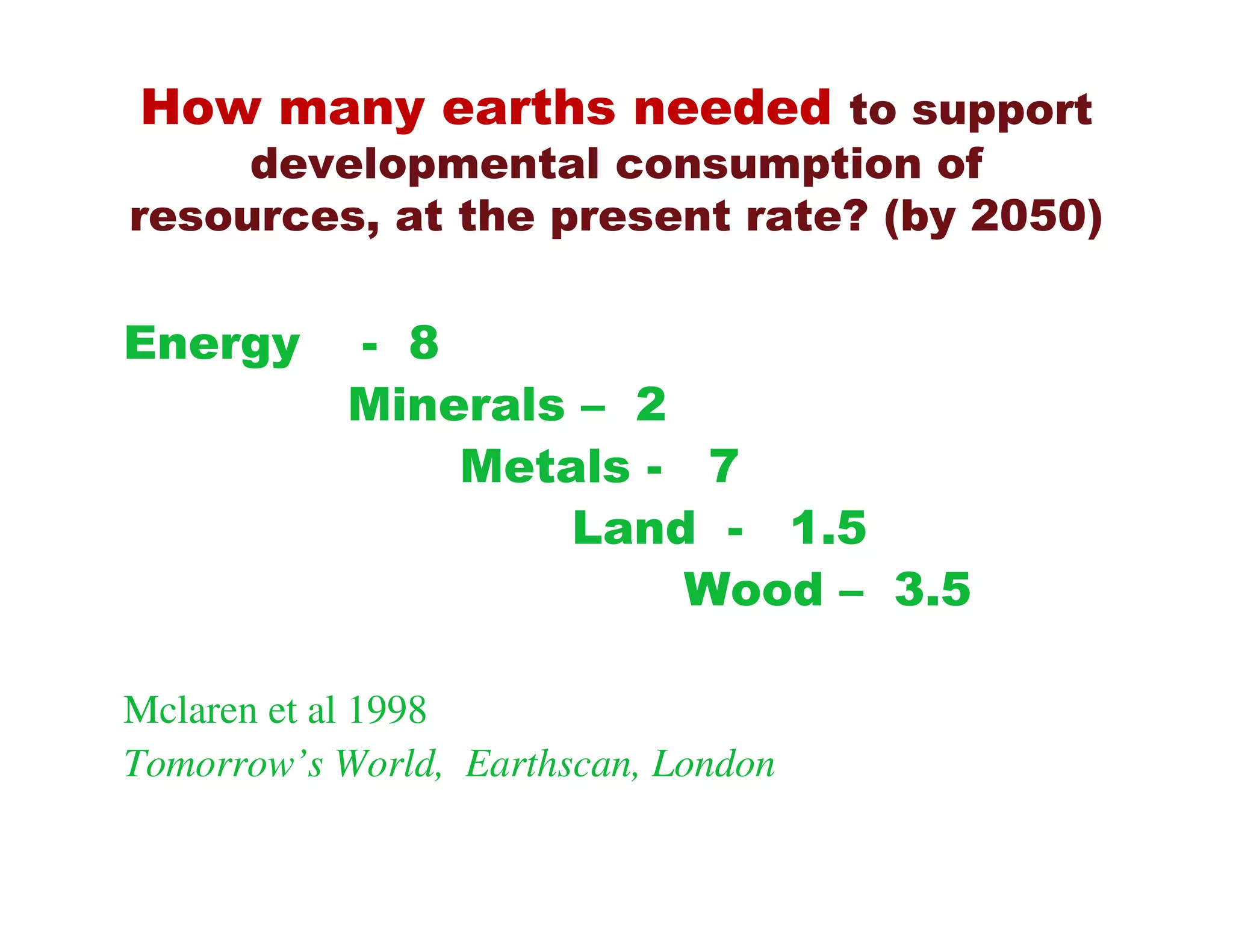 How many earths needed to support
     developmental consumption of
resources, at the present rate? (by 2050)

Energy      - 8
            Minerals – 2
                Metals - 7
                    Land - 1.5
                         Wood – 3.5

Mclaren et al 1998
Tomorrow’s World, Earthscan, London
 
