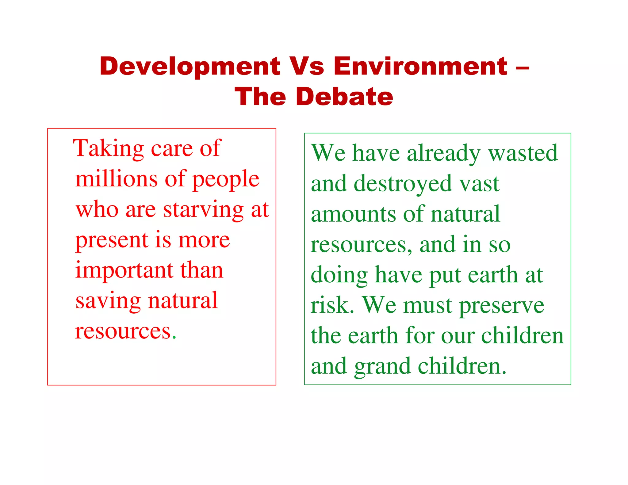 Development Vs Environment –
          The Debate

Taking care of        We have already wasted
millions of people    and destroyed vast
who are starving at   amounts of natural
present is more       resources, and in so
important than        doing have put earth at
saving natural        risk. We must preserve
resources.            the earth for our children
                      and grand children.
 