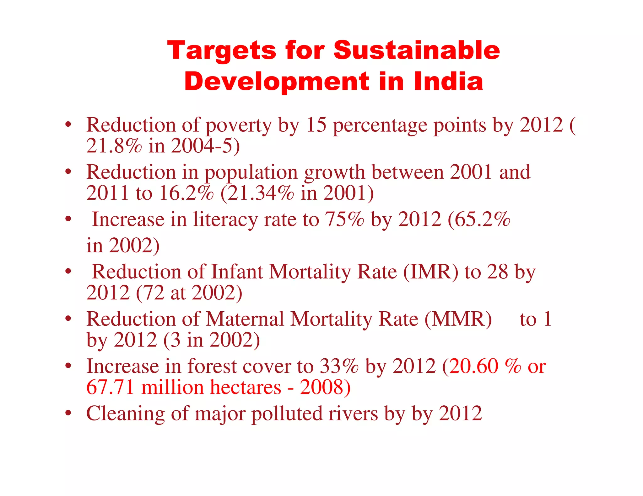 Targets for Sustainable
            Development in India
• Reduction of poverty by 15 percentage points by 2012 (
  21.8% in 2004-5)
• Reduction in population growth between 2001 and
  2011 to 16.2% (21.34% in 2001)
• Increase in literacy rate to 75% by 2012 (65.2%
  in 2002)
• Reduction of Infant Mortality Rate (IMR) to 28 by
  2012 (72 at 2002)
• Reduction of Maternal Mortality Rate (MMR) to 1
  by 2012 (3 in 2002)
• Increase in forest cover to 33% by 2012 (20.60 % or
  67.71 million hectares - 2008)
• Cleaning of major polluted rivers by by 2012
 