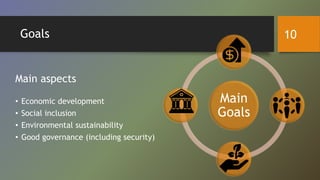 Main
Goals
Goals
Main aspects
• Economic development
• Social inclusion
• Environmental sustainability
• Good governance (including security)
10
 