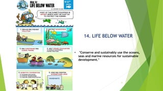 21
14. LIFE BELOW WATER
• "Conserve and sustainably use the oceans,
seas and marine resources for sustainable
development."
 