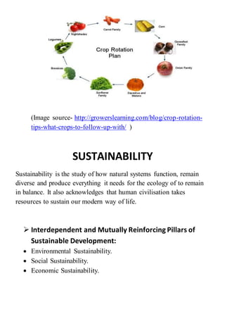 (Image source- http://growerslearning.com/blog/crop-rotation-
tips-what-crops-to-follow-up-with/ )
SUSTAINABILITY
Sustainability is the study of how natural systems function, remain
diverse and produce everything it needs for the ecology of to remain
in balance. It also acknowledges that human civilisation takes
resources to sustain our modern way of life.
 Interdependent and Mutually Reinforcing Pillars of
Sustainable Development:
 Environmental Sustainability.
 Social Sustainability.
 Economic Sustainability.
 
