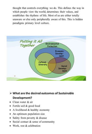 thought that controls everything we do. This defines the way in
which people view the world, determines their values, and
establishes the rhythms of life. Most of us are either totally
unaware or else only peripherally aware of this. This is hidden
paradigms primary level culture.
 What are the desired outcomes of Sustainable
Development?
 Clean water & air
 Fertile soil & good food
 A livelihood & healthy economy
 An optimum population size
 Safety from poverty & disease
 Social contact & sense of community
 Work, rest & celebration
 