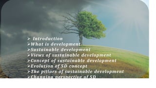  Introduction
What is development
Sustainable development
Views of sustainable development
Concept of sustainable development
Evolution of SD concept
The pillars of sustainable development
Changing perspective of SD
Approaches of sustainable development
 