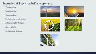 Examples of Sustainable Development
▪ Wind energy
▪ Solar energy
▪ Crop rotation
▪ Sustainable construction
▪ Efficient water fixtures
▪ Green space
▪ Sustainable forestry
 